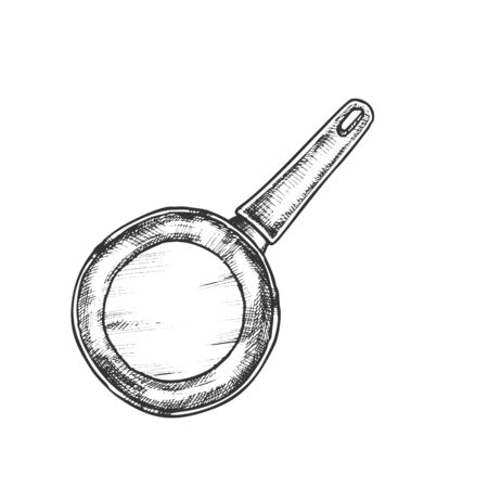 Pan Stainless Cooking Kitchenware Vintage Vector Top View. Metallic Kitchen Accessory Pan For Fry Food. Casserole Engraving Template Designed In Vintage Style Black And White Illustrationのイラスト素材
