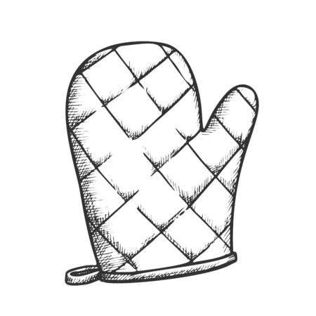 Glove Kitchenware Accessory Monochrome Vector. Domestic Cooking Wear Glove For Holding Hot Dishware. Holder Engraving Template Designed In Vintage Style Black And White Illustrationのイラスト素材