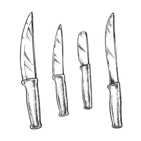 Knives Metallic Meal Kitchenware Monochrome Vector. Stainless Knives With Wooden Or Plastic Handle. Restaurant Utensil Engraving Template Designed In Vintage Style Black And White Illustrationのイラスト素材