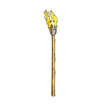 Torch Tall Handmade Wood Burning Stick Color Vector. Hawaiian Antique Torch Fire Lamp, Lighting Night Equipment. Burn Engraving Template Designed In Vintage Style Illustrationのイラスト素材
