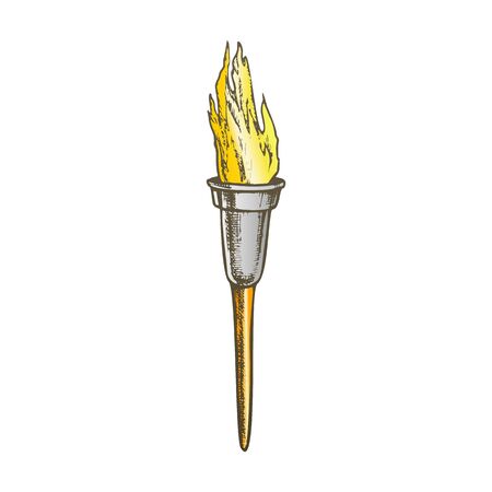 Torch Modern Metallic Burning Stick Color Vector. Torch Light Source Equipment. Burn With Tongue For Symbolic And Religious Events Engraving Template Designed In Vintage Style Illustrationのイラスト素材
