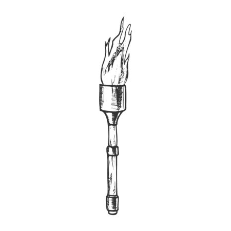 Torch Light Stick With Flame Monochrome Vector. Medieval Burning Torch Or Lighting Flambeau. Shine And Burn Fire Engraving Template Hand Drawn In Vintage Style Black And White Illustrationのイラスト素材