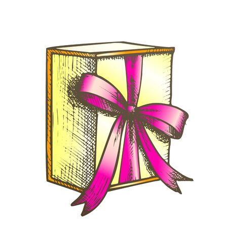 Gift Box In Square Form With Ribbon Ink Vector. Celebration Holiday Decoration Surprise Present Box. Festive Container Engraving Layout Hand Drawn In Vintage Style Color Illustrationのイラスト素材
