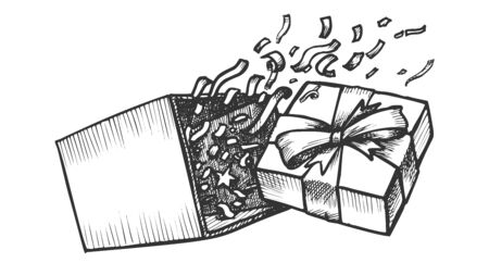 Opened Gift Box With Confetti Explosion Ink Vector. Mother Day Cardboard Surprise Present Box. Ornament Festive Ribbon Package Engraving Template Hand Drawn In Vintage Style Monochrome Illustrationのイラスト素材