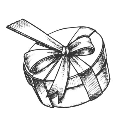 Gift Box In Round Shape With Ribbon Retro Vector. Christmas Decorative Surprise Present Box. Elegant Container Engraving Template Hand Drawn In Vintage Style Black And White Illustrationのイラスト素材