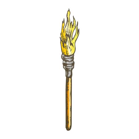 Torch Decorative Wooden Stick With Fire Color Vector. Aged Flaming Torch, Lighting Equipment. Burn With Tongue Engraving Layout Designed In Vintage Style Illustrationのイラスト素材