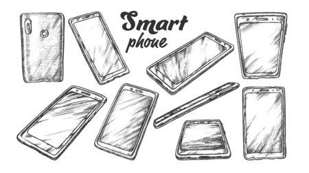 Smartphone Technology Gadget Set Vintage Vector. Collection In Different Side View Smartphone With Touchscreen Display. Phone Engraving Template Designed In Retro Style Monochrome Illustrationsのイラスト素材