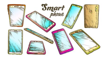 Smartphone Technology Gadget Set Vintage Vector. Collection In Different Side View Smartphone With Touchscreen Display. Phone Engraving Template Designed In Retro Style Color Illustrationsのイラスト素材