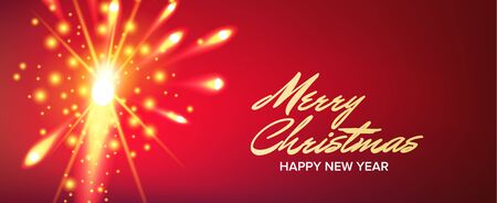 Merry Christmas Banner Vector. Fireworks Salute. Header. Red Horizontal Background Illustrationのイラスト素材