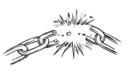 Breaking Metal Chain Freedom Concept Ink Vector. Steel Chain With Defect. Breakdown And Destruction Strong Steel Engraving Template Hand Drawn In Retro Style Monochrome Illustrationのイラスト素材