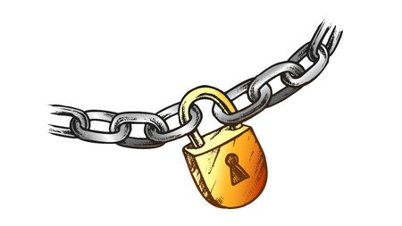 Steel Chain And Brass Padlock Vector. Lock And Iron Chain. Linked Metallic Rings Elements Engraving Concept Mockup Hand Drawn In Vintage Style Color Illustrationのイラスト素材