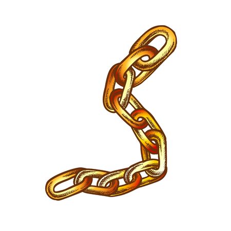 Steel Chain Protective Accessory Color Vector. Short Classic Chain. Linked Metallic Rings Elements Engraving Concept Template Hand Drawn In Vintage Style Illustrationのイラスト素材