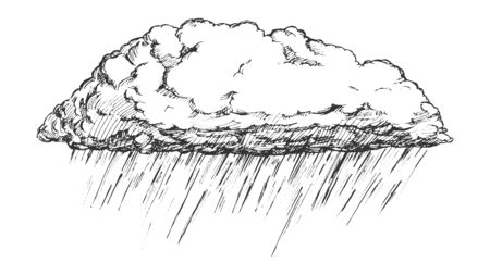 Rainy Cloud And Falling Water Drop Retro Vector. Autumn Season Sky Element Downpour Cloud. Cloudscape And Rain Engraving Concept Template Hand Drawn In Vintage Style Black And White Illustrationのイラスト素材