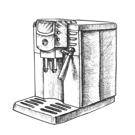Coffee Machine For Brew Hot Drink Retro Vector. Machine For Make Cappuccino Or Latte. Cafe Equipment Engraving Concept Template Designed In Vintage Style Black And White Illustrationのイラスト素材