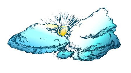Fluffy Cloud And Sun In Warm Weather Retro Vector. Summer Season Sky Element Cloud In Sunny Day. Cloudscape Engraving Concept Template Hand Drawn In Vintage Style Color Illustrationのイラスト素材