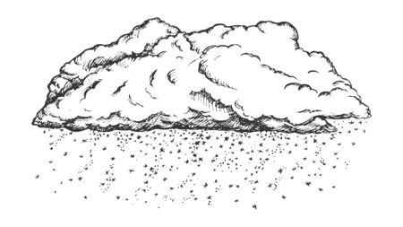 Cloud With Falling Snowflakes Monochrome Vector. Winter Season Sky Element Cloud With Snow. Cloudscape And Weather Engraving Concept Template Hand Drawn In Vintage Style Black And White Illustrationのイラスト素材