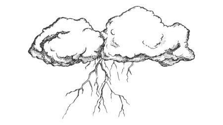 Storm Cloud With Flash Lightning Monochrome Vector. Sky Element Cloud. Cloudscape And Weather Meteorology Engraving Concept Template Hand Drawn In Vintage Style Black And White Illustrationのイラスト素材