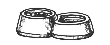 Pet Bowl With Food And Water Monochrome Vector. Metallic Or Plastic Bowl. Pet Accessory Container For Eating Engraving Template Hand Drawn In Vintage Style Black And White Illustrationのイラスト素材