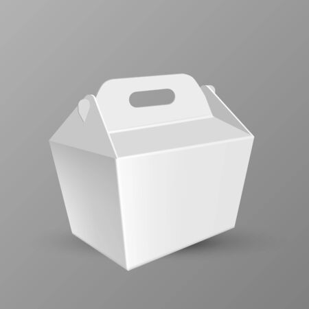 Handled Food Box For Transportation Dinner Vector. Blank Large Kraft Cardboard Carrypack Or Box For Nutrition With Folding Tuck Top Lid Which Doubles As Handle. Realistic 3d Illustrationのイラスト素材