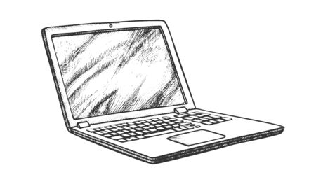 Laptop Computer Electronic Gadget Retro Vector. Opened Portable Laptop With Blank Screen. Hi-tech Technology Device Engraving Concept Mockup Designed In Vintage Style Black And White Illustrationのイラスト素材