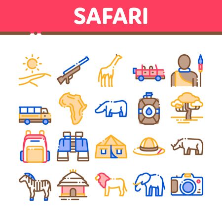 Safari Travel Collection Elements Icons Set Vector Thin Line. Animal And Africa, Car And Tree, Human Silhouette And Hat Safari Adventure Concept Linear Pictograms. Color Contour Illustrationsのイラスト素材