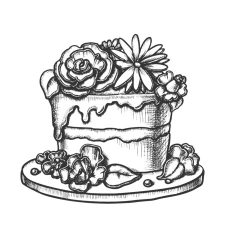 Birthday Cake Decorated With Flowers Ink Vector. Birthday Festive Pie Decorate Cream Bouquet For Woman Anniversary Engraving Template Hand Drawn In Vintage Style Black And White Illustrationのイラスト素材