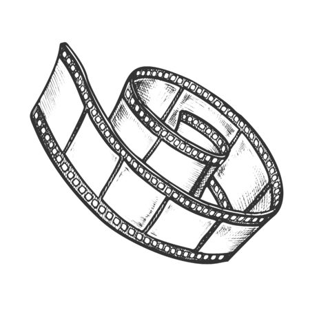 Filmstrip Roll For Video Camera Monochrome Vector. Twisted Blank Ancient Filmstrip. Curled Operator Media Accessory Engraving Template Hand Drawn In Vintage Style Black And White Illustrationのイラスト素材