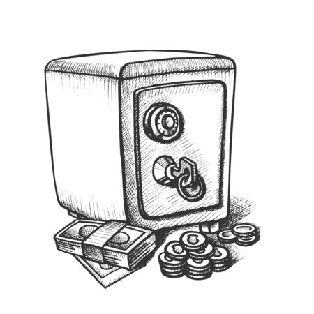 Money Banknotes, Coins And Safe Monochrome Vector. Metallic Safe Finance Protection. Safety And Security Storage Engraving Template Hand Drawn In Vintage Style Black And White Illustrationのイラスト素材
