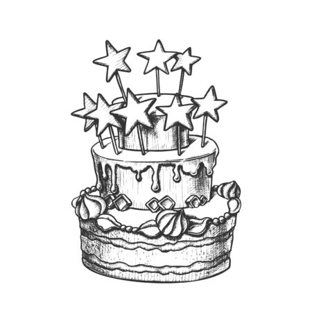 Birthday Cake Decorated With Stars Retro Vector. Birthday Celebration Pie With Ornamental Buttercream Engraving Concept Template Hand Drawn In Vintage Style Black And White Illustrationのイラスト素材