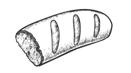 French Bread, Half Of Baked Food Monochrome Vector. Loaf Of Crusty Bread For Sandwich. Bakery Nutrition Engraving Concept Template Hand Drawn In Vintage Style Black And White Illustrationのイラスト素材