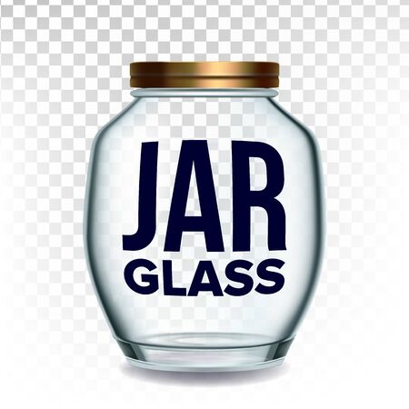 Jar Glass Closed By Golden Cap For Jam Vector. Glossy Empty Glass Bottle For Storaging Breakfast Sweet Nutrition Transparency Background. Glassware Template Realistic 3d Illustrationのイラスト素材