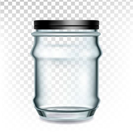Glass Container Storage For Sewing Supplies Vector. Closed Empty Jar Glass With Metallic Black Cap For Thread Or Needles Transparency Background. Glassware Template Realistic 3d Illustrationのイラスト素材