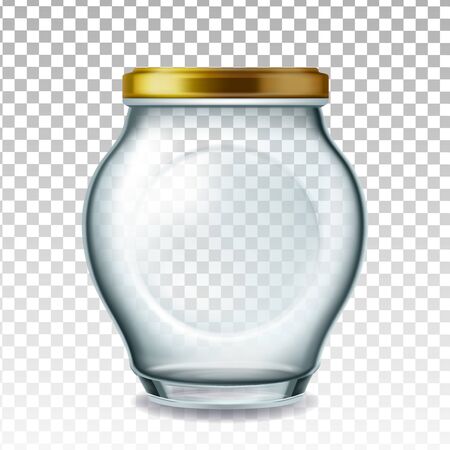 Jar Glass With Golden Cap For Pickled Fruit Vector. Empty Glass Bottle For Storaging Plum, Apricot, Cherry Or Strawberry Transparency Background. Glassware Layout Realistic 3d Illustrationのイラスト素材