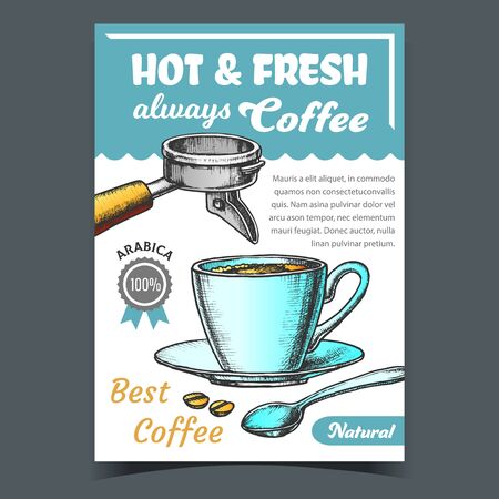 Coffee Cup On Saucer With Spoon Banner Vector. Hot And Fresh Natural Energy Espresso In Mug, Coffee Grains And Holder. Morning Hot Drink Concept Template Hand Drawn In Vintage Style Color Illustrationのイラスト素材