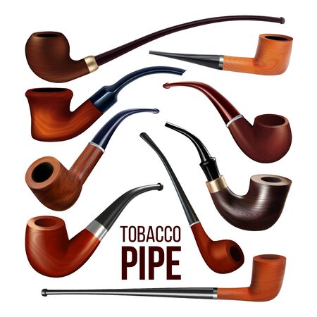 Tobacco Pipes Vintage Wooden Smoke Tool Set Vector. Collection In Different Various Classic Devices For Smoking Flavor Tobacco. Traditional Accessory Template Realistic 3d Illustrationsのイラスト素材