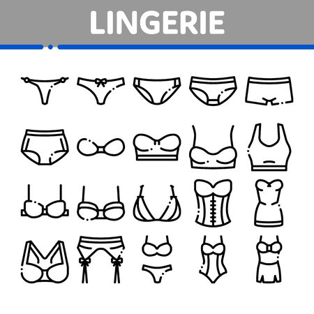 Lingerie Bras Panties Collection Icons Set Vector Thin Line. Fashion Bra And Pants, Bikini And Swimsuit, Lingerie Underwear Concept Linear Pictograms. Monochrome Contour Illustrationsのイラスト素材