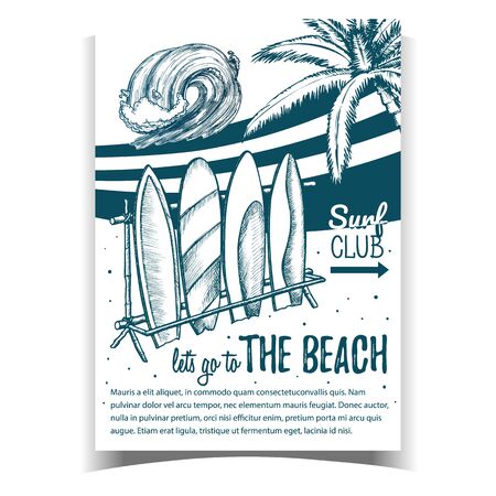 Surfboards, Sea Wave And Palm on Poster Vector. Assortment Surfboards In Different Standing And Locked In Storage On Beach Surf Club. Monochrome Illustrationのイラスト素材