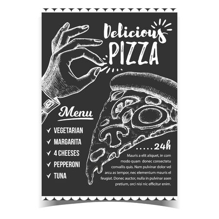 Delicious Pizza Menu And Gesture Ok Poster Vector. Vegetarian And Margarita, Tuna And Pepperoni. Cooked Slice Cheese Pizza With Mushrooms And Eggs, Tomatoes And Basil Leaves Monochrome Illustrationのイラスト素材