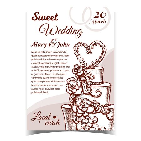 Cake Decorated Flowers And Heart Banner Vector. Festive Wedding And Married Day Delicious And Sweet Cake For Bride And Groom Template Hand Drawn In Vintage Style Monochome Illustrationのイラスト素材