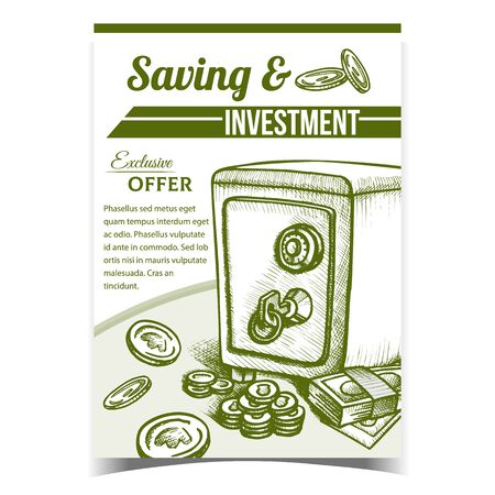 Saving And Investment Advertising Banner Vector. Money Banknotes, Coins And Metallic Safe Finance Protection And Saving. Safety And Security Storage Hand Drawn In Vintage Style Monochrome Illustrationのイラスト素材