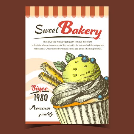 Sweet Bakery And Ice Cream Cake Banner Vector. Cold Cake With Blackberry And Chocolate Crumbs, Wafer Rolls And Mint Leaves Concept. Design Gastronomy Product Template Colored Illustrationのイラスト素材