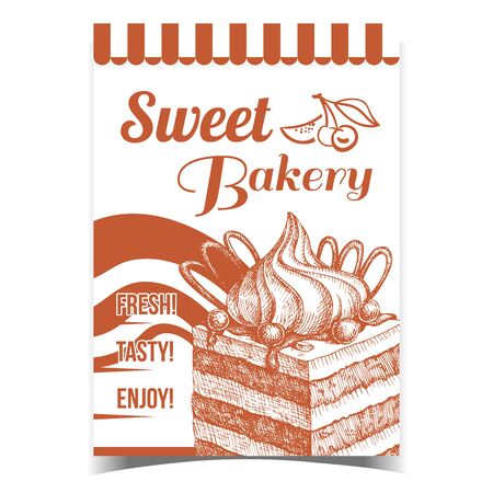 Sweet Bakery Dessert Advertising Poster Vector. Delicious Bakery Biscuit Cake Decorated Chocolate And Custard Cream, Candy And Berries Concept. Design Culinary Product Template Monochrome Illustrationのイラスト素材