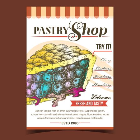 Pastry Shop Fresh And Tasty Pie Poster Vector. Bakery Confectionery Tasty Pie Tart Quiche With Blackberry Or Blueberry. Design Gastronomy Baked Buckle Product Template Color Illustrationのイラスト素材
