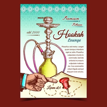 Hookah Lounge Bar Flavored Tobacco Banner Vector. Modern Design Hookah, Man Hand Gesture And Pin On...