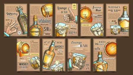 Whiskey Lounge Bar Advertising Posters Set Vector. Collection Of Different Creative Banners With Whiskey Bottle, Alcohol Drink And Ice Cubes Glass, Wooden Barrel And Man Hand Gesture Illustrationsのイラスト素材