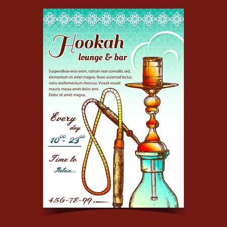 Hookah Lounge And Bar Advertising Poster Vector. Single Stemmed Hookah Whose Vapor Or Smoke Is Passed Through Water Basin Often Glass Based Inhalation. Color Designed In Retro Style Illustrationのイラスト素材