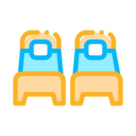 Two Single Place Beds Vector Sign Thin Line Icon. Bedroom Beds For Persons, Hotel Performance Of Service Equipment Linear Pictogram. Business Hostel Items Contour Illustrationのイラスト素材