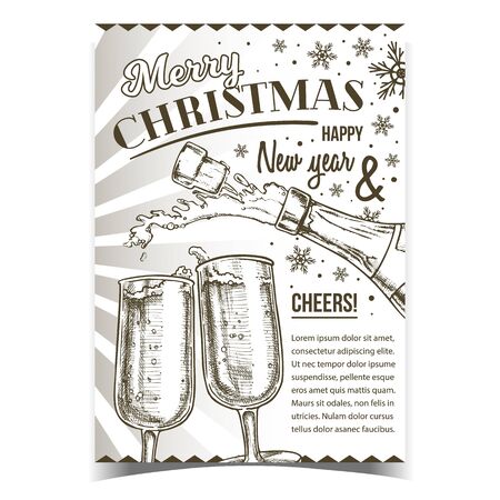 Merry Christmas Drink Advertising Poster Vector. Two Elegance Wine Glasses, Opening With Splash Champagne Drink And Snowflakes. Couple Glassware Mockup Designed Monochrome Illustrationのイラスト素材