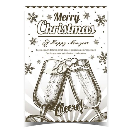 Merry Christmas And Happy New Year Banner Vector. Two Elegant Champagne Glasses Cheers Celebrate Christmas. Glassware With Fizz Alcohol Drink. Template Monochrome Illustrationのイラスト素材