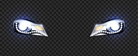 Car Headlight Xenon And Led Type Lamps Vector. Front Transport Luminance Headlight For Irradiation Night Way. Safe Ride Electronic Tool. Floodlighting Element Concept Layout Realistic 3d Illustrationのイラスト素材